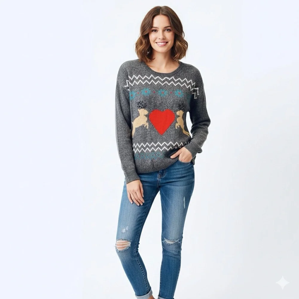 Aeropostale Reindeer Christmas Sweater Gray Red S Relaxed Fit Fair Isle Retro